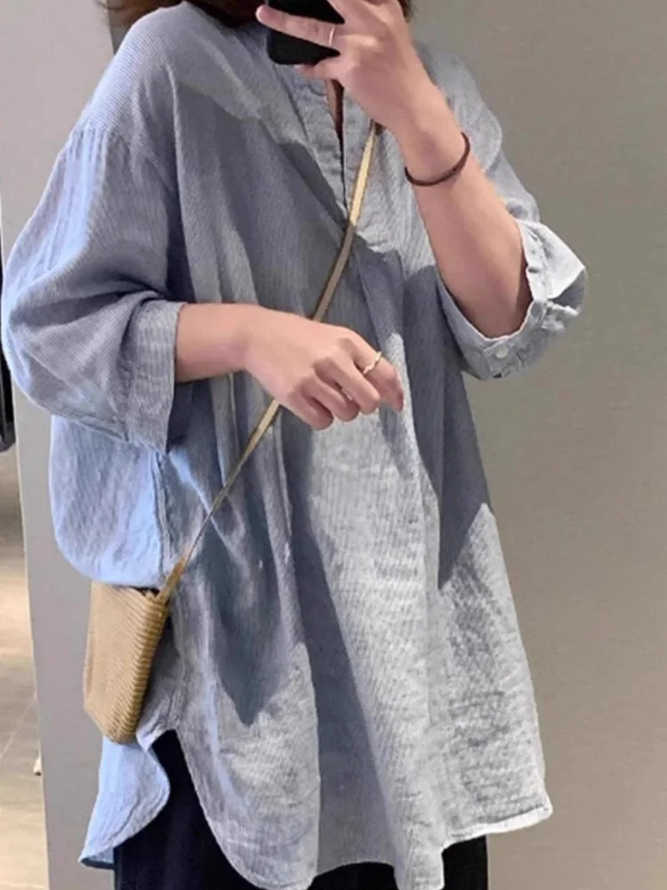 

Blue Casual Loose Linen irt Women's Spring Summer New Slimming Top Rouje Kefss Brand ape Sandal ape Pear S...