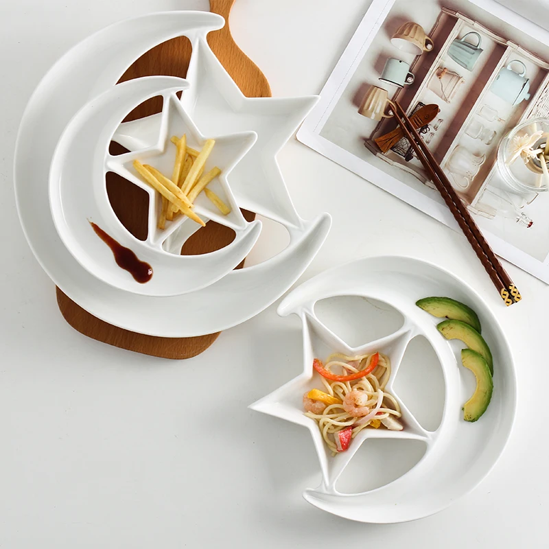 Pure White Ceramics Creativity Star Month Shape Dinner Plate Dessert Nut Dried Fruit Home Use Decoration Tableware