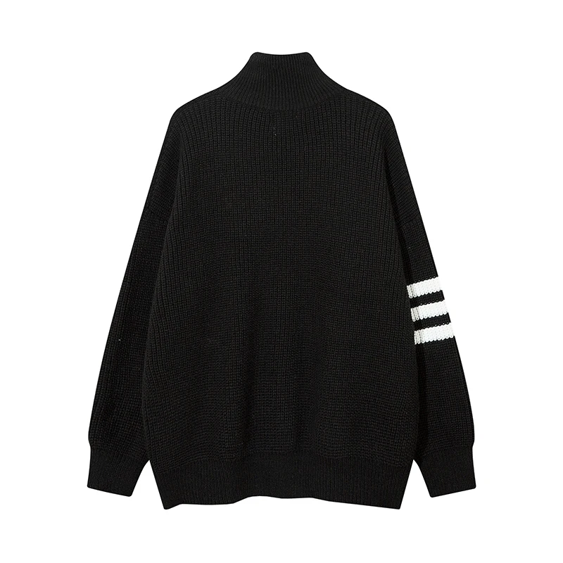 Cardigan Zipper Stand Up Collar Striped Knitted Sweater Jacket Black Gray Loose Sweatshirts for Men Women