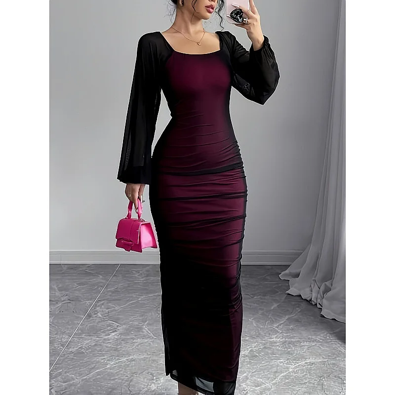 Cross-border autumn square collar women's dress elegant temperament double-layer lace mesh dress slim French pencil skirt