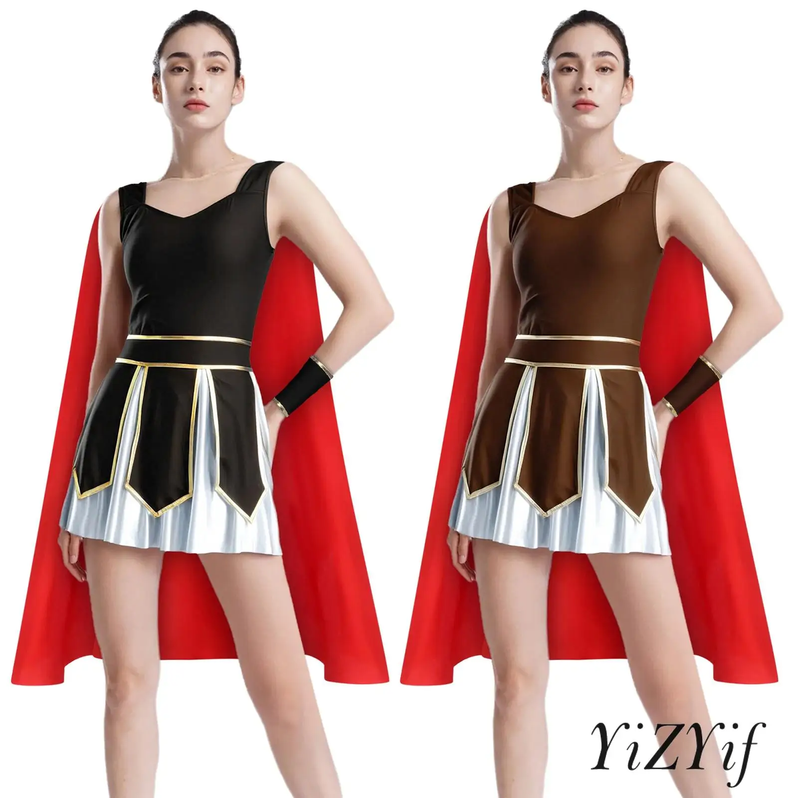 

Women Gladiator Party Costume V Neck Sleeveless Dress with Satin Cape And Cuffs for Halloween Christmas Cosplay And Events