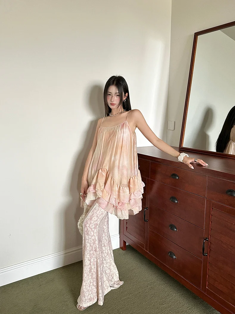 

Mimosa Pink Lace Trim Wide Leg Pants Set Casual Long Pants with Blouse Featuring adient Fog Poer Embroidery And Puff Sves