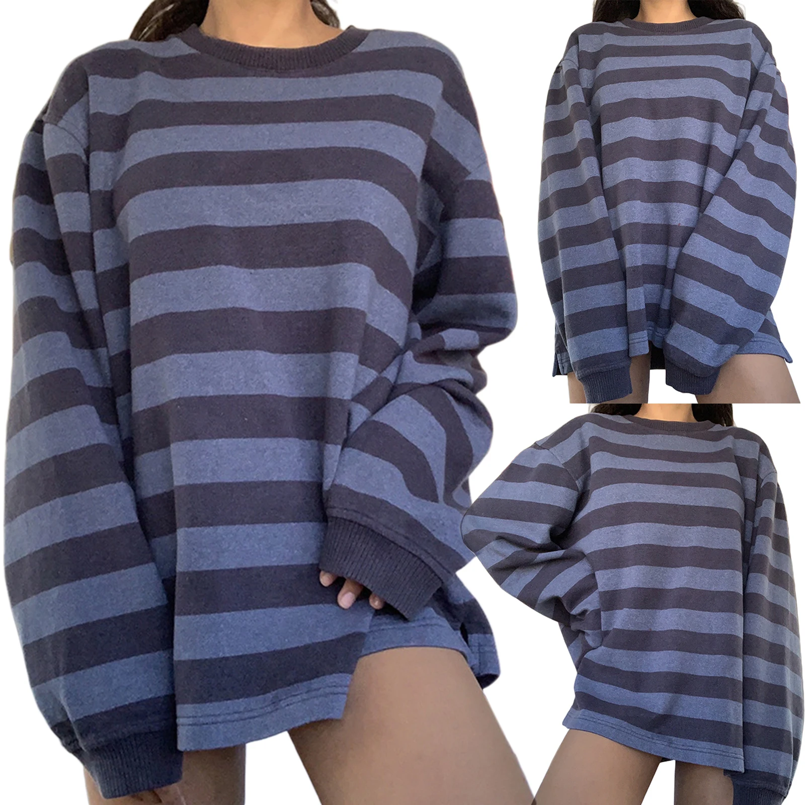 

Women’s Casual Long Sleeve Sweater Fashion Contrast Color Stripe Round Neck Loose Sweatshirt