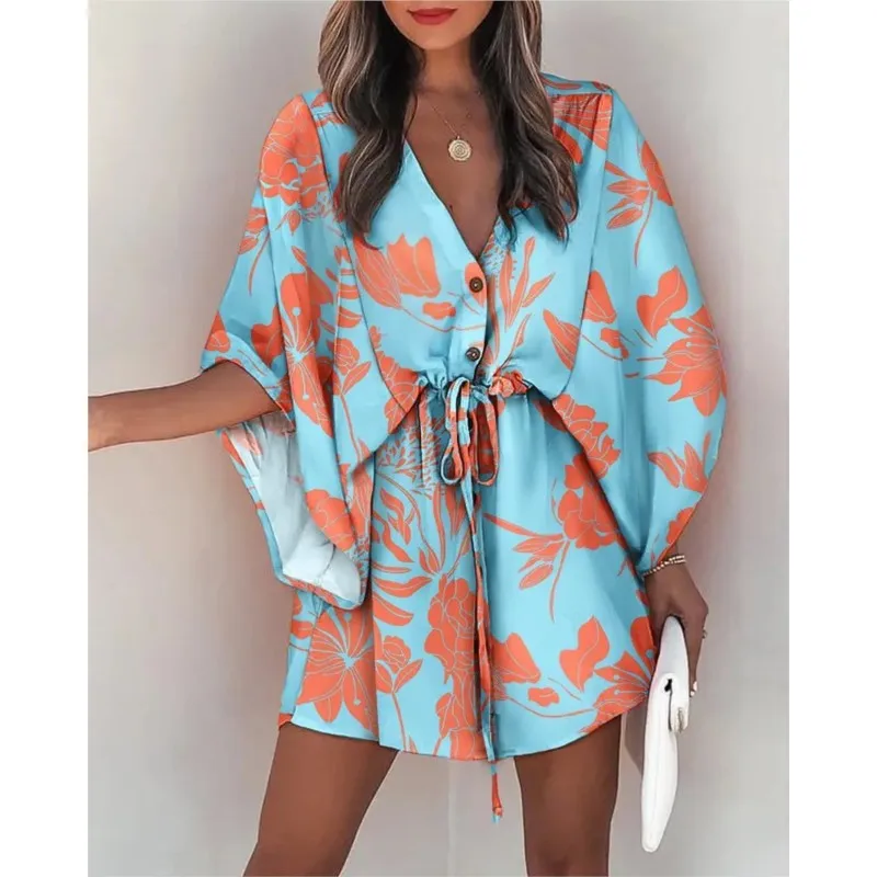 Women's Summer Fashion Flying Sleeves V-Neck Lace Up Printed Beach Dress Elegant Women's Loose Short Sleeve Leaf Mini Vestido