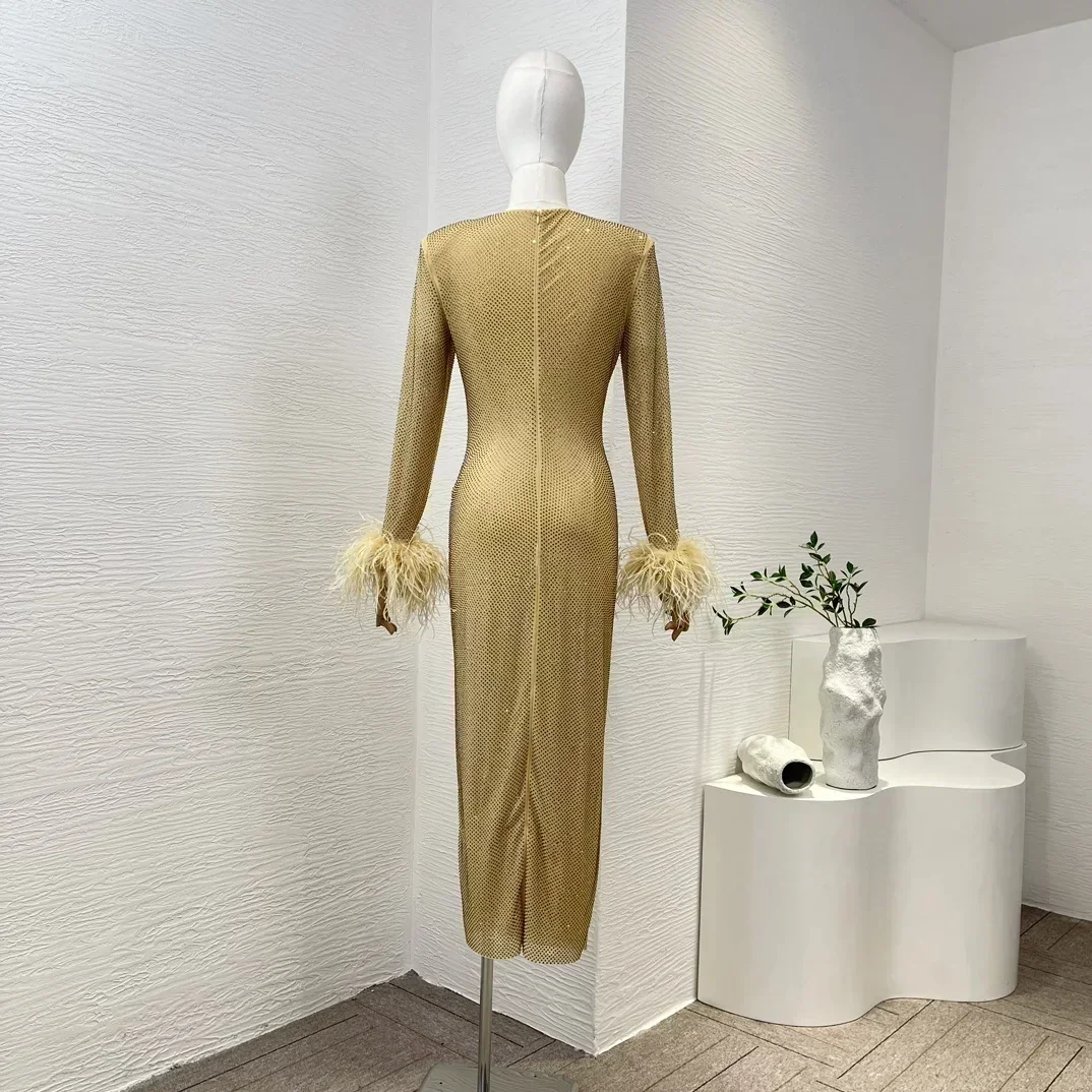 Women Slim Midi Dress Yellow Golden Diamonds Wrinkled Long Sleeve with Feather Bodycon Dresses Top Quality 2024 Spring Summer