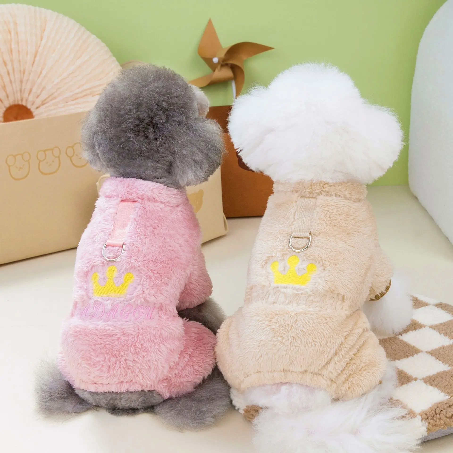 Autumn and winter pet dog four-legged plush clothes crown with small size dogs Teddy Bichon traction buckle pure color clothing