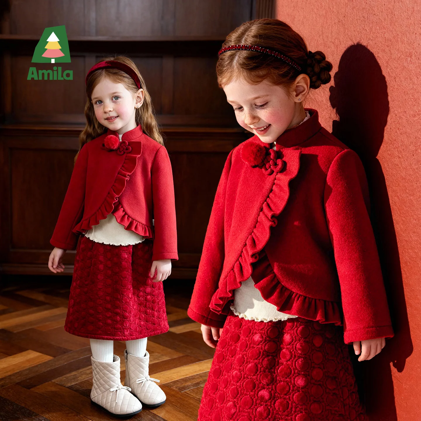 

Amila Kids Winter Girls' Ruffled Chinese Style Coat, Warm And Locked, Skin Friendly, Comfortable And Fashionable To Wear