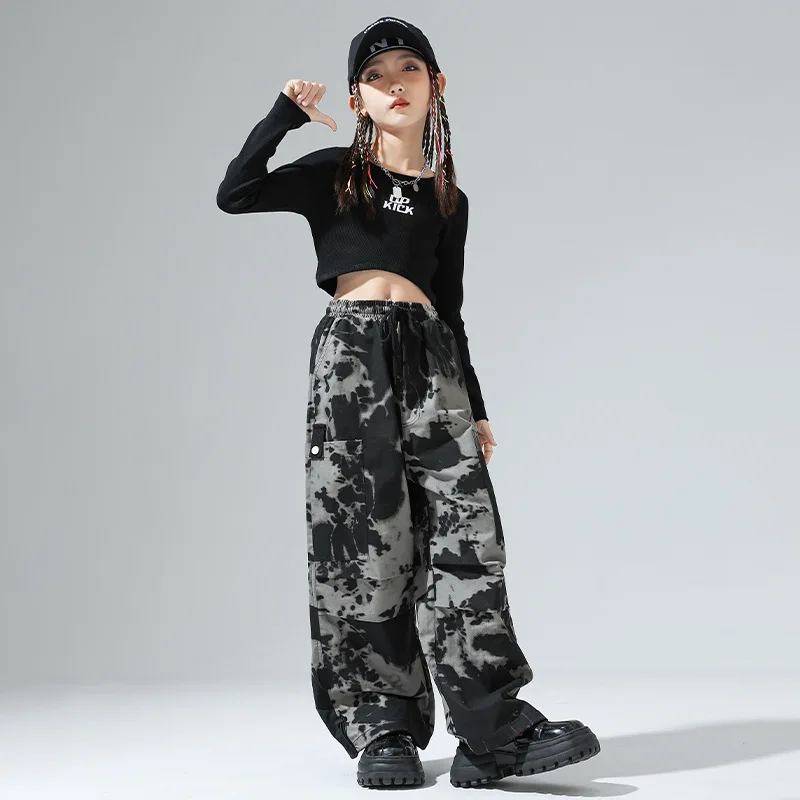 Vêtements Hip Hop Cool pour enfants, T-shirt noir à manches longues, haut court camouflage, pantalon baggy cargo décontracté pour fille, olympiques de danse jazz