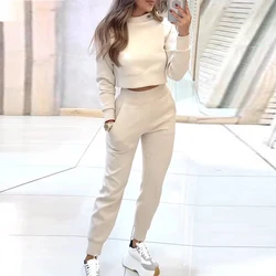 Winter New Casual High Collar Long Sleeve Tops+Pocket Pants Two PIece Set Elegant Slim Office Set Fashion Solid Lady Sport Suits