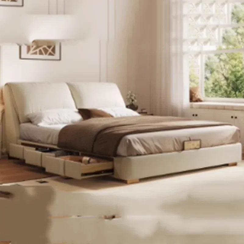 Cama Doble de Cuero con Cajones, Mueble de Madera de Lujo Multifuncional, Cama Matrimonial Moderna Blanca, Muebles para el Hogar