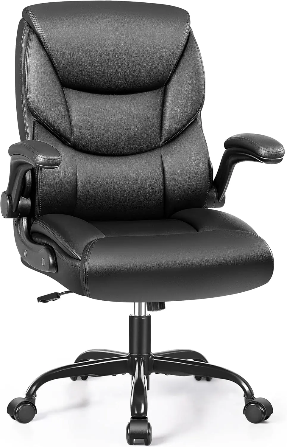 

Leather Office Chair - Small PU Ergonomic Desk Chair, Comfy Computer Chair with Wheels and Flip-up Armrests, Adjustable Height M