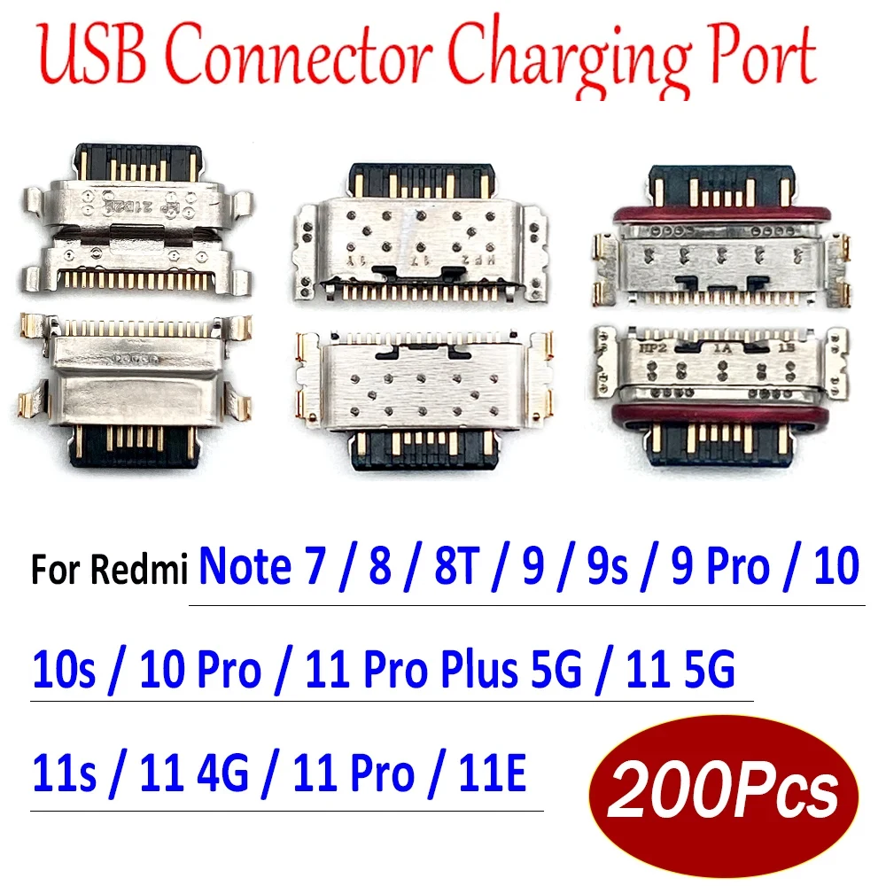 200Pcs，NEW Charger Micro USB Charging Port Dock Connector Socket For Redmi Note 7 8 8T 10S 9S 9 10 11 Pro Plus 5G 11E 11S