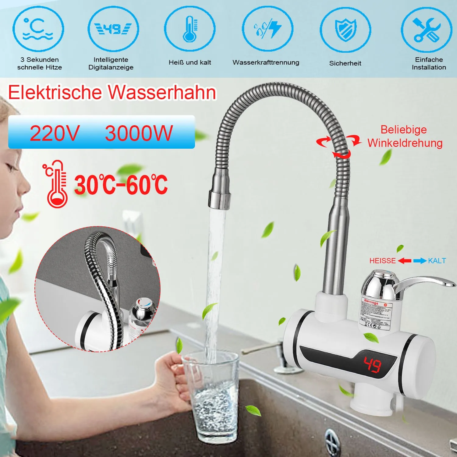 Electric Hot Water Mixer, 300W, 220-240V,Instantaneous Hot Water Faucet Shower, EU