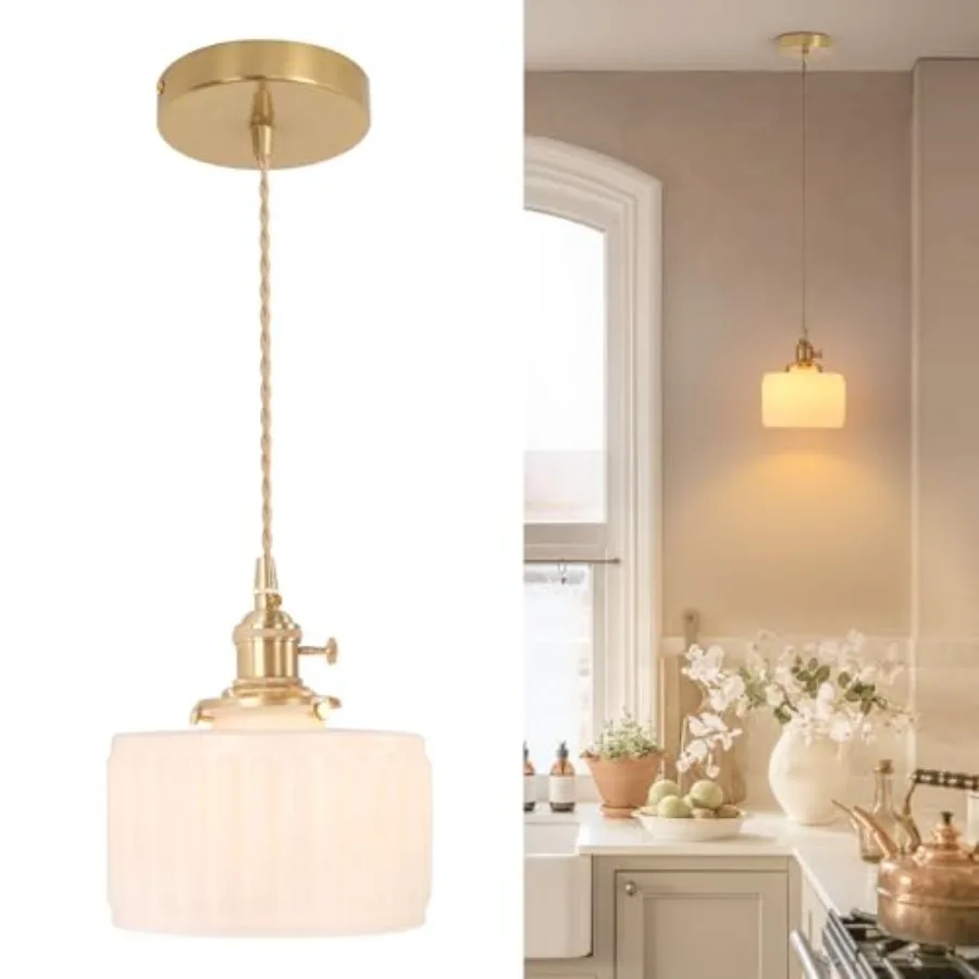 

Pendant Light with White Striped Glass Lmapshade Brass Vintage Pendant Light Adjustable Hanging Light for Kitchen Island Dining