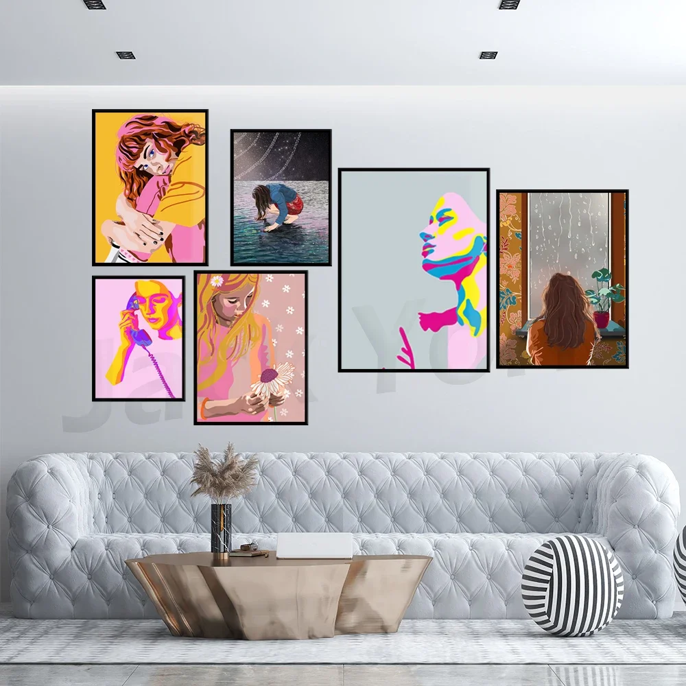 Boho aesthetic drawing of woman illustration poster print - Modern plant lady work from home decor bohemian wall art raindrops
