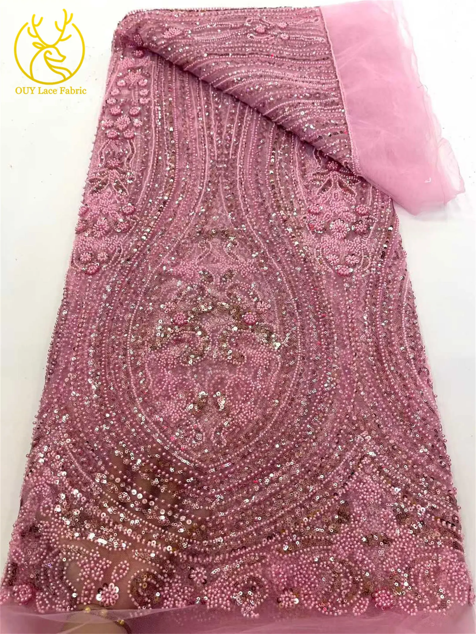 ゴールデンデラックスアフリカ手作りビーズレース生地5ヤード繊細なフランス製スパンコールレース生地ウェディングドレス結婚式パーティー縫製用