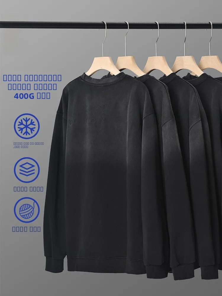 

Rampo American Sle Letter Embroidery adient round Ne Sweatirt Heavyweight Waed Men's Faion Retro Jaet Top