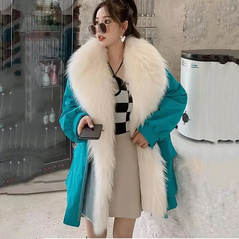 2024 Winter New Women Imitation Fox Fur Jacket Mid-Length Detachable Liner Fashion Leisure Parkas Solid Color All-Matching Coat