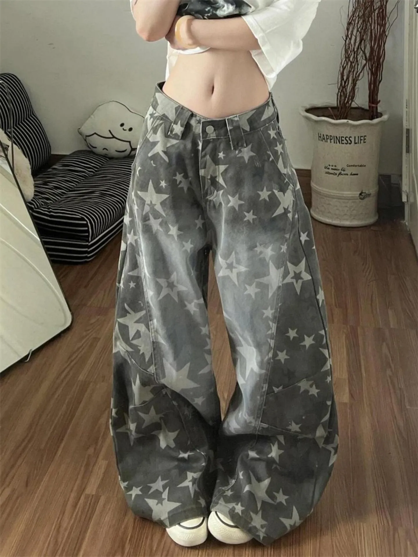 Street Style Star Print Curved Knife Jeans Loose Wide Leg Pants Men Women American Washed Deconstructed Casual Trousers