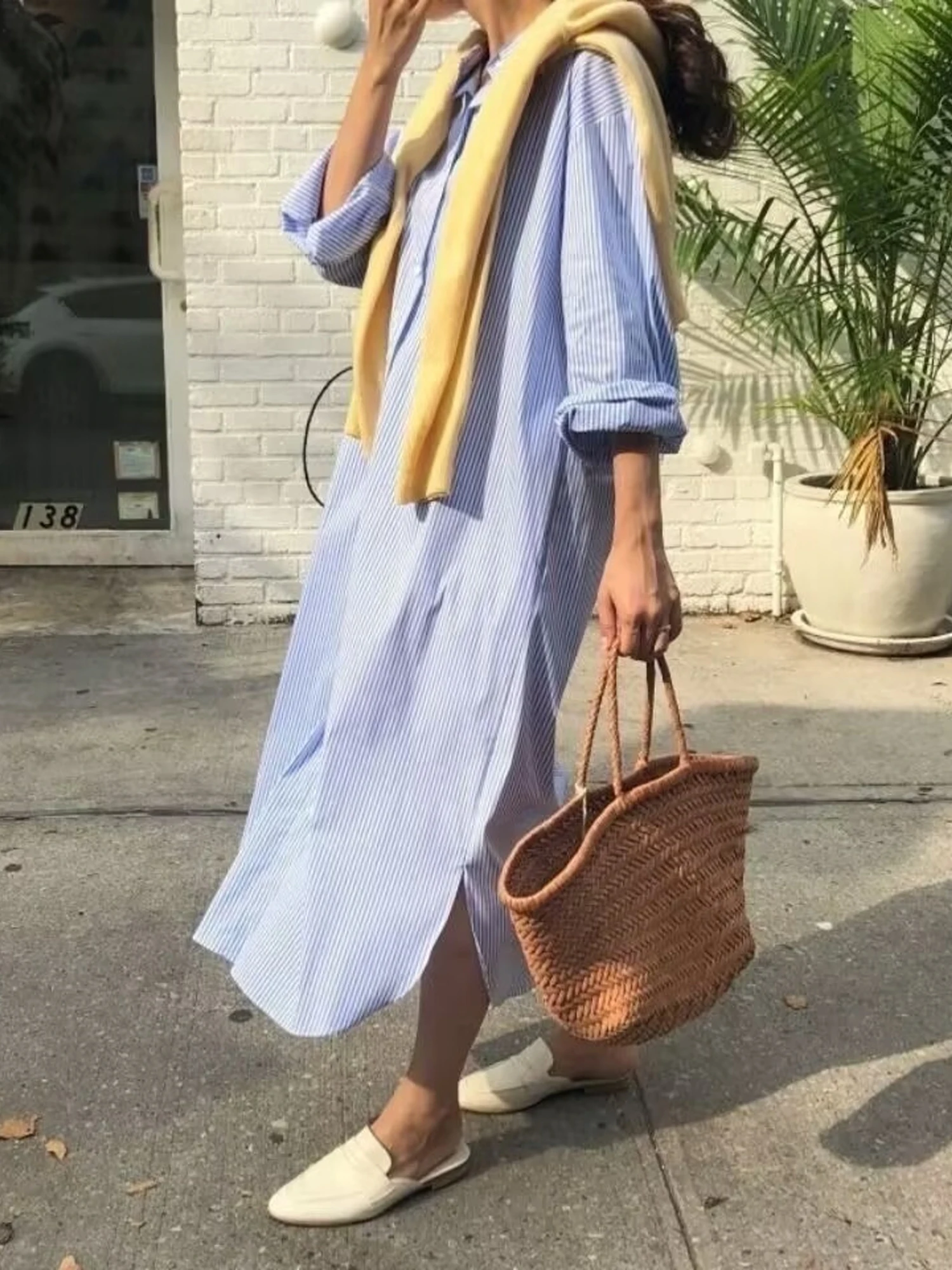 French Style Striped Shirt Dress Women's Long Sleeve Loose Fit Extra Long over Knee Large Version Button up Casual Shirt