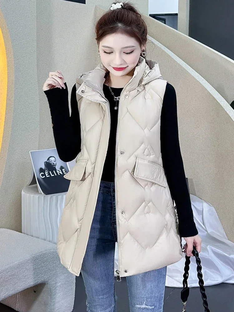 Nuovo autunno inverno gilet da donna piumino canotta in cotone lungo cappello staccabile cappotti con cappuccio capispalla Casual senza maniche femminile