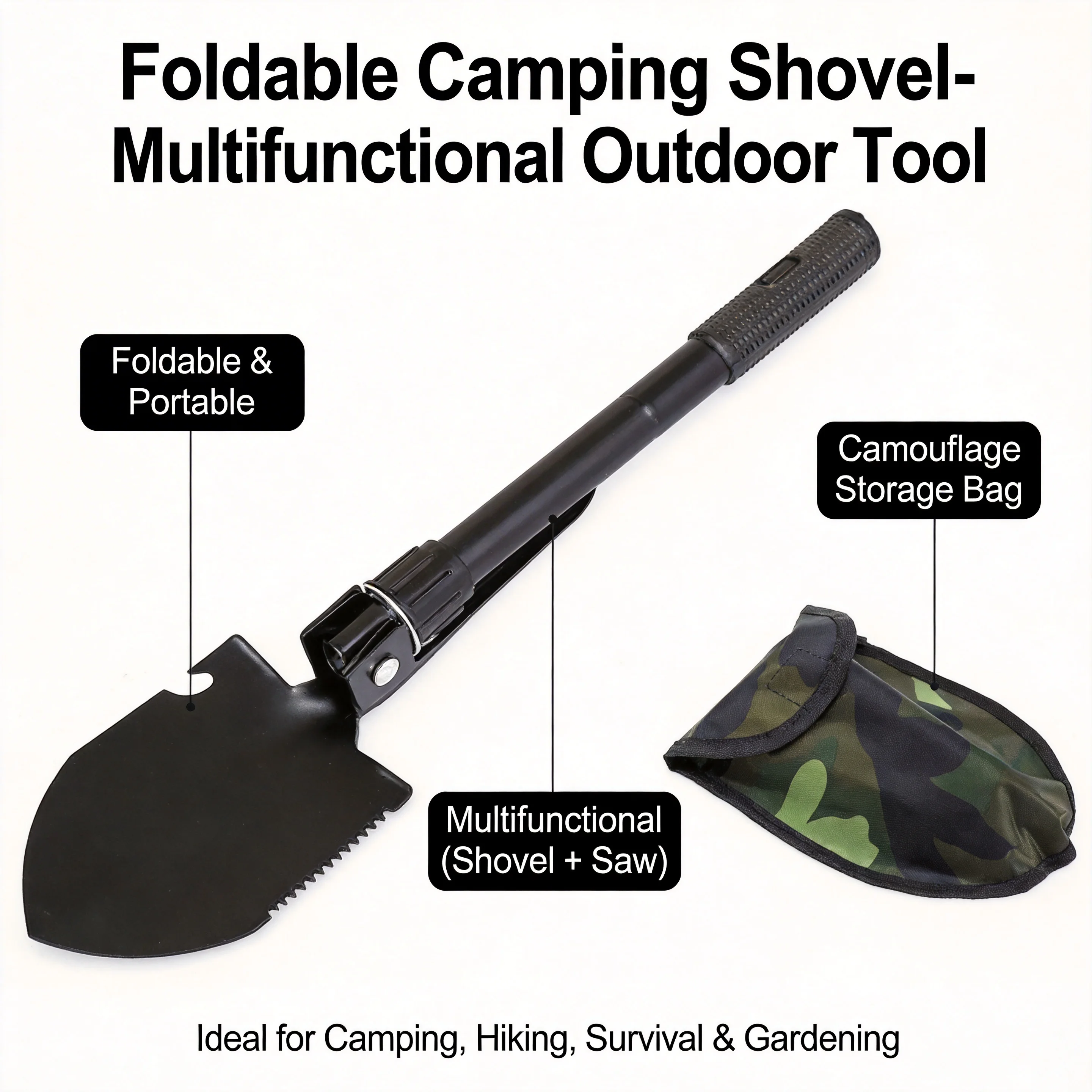 

All-in-One Military Folding Shovel – Versatile Outdoor Tool for Camping, Fishing, Off-Roading, and Pickaxe Use