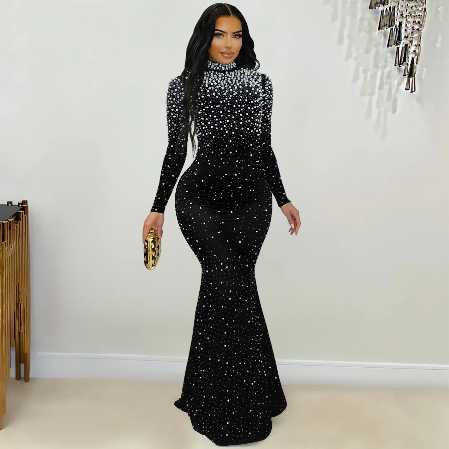 

Elegant Diamond Hip Hugging Dresses Spring Women High Neck Long Sleeves Long Dress Autumn Female High Waist Knee Length Dress