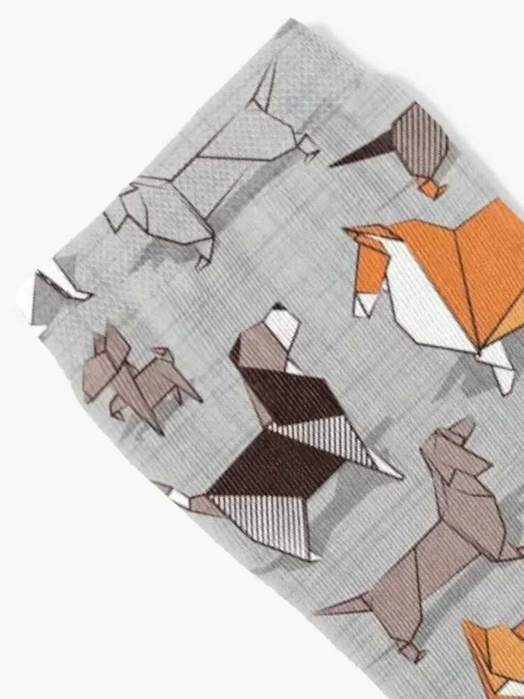 Origami doggie friends // grey linen texture background Socks sheer floral New year's golf Man Socks Women's