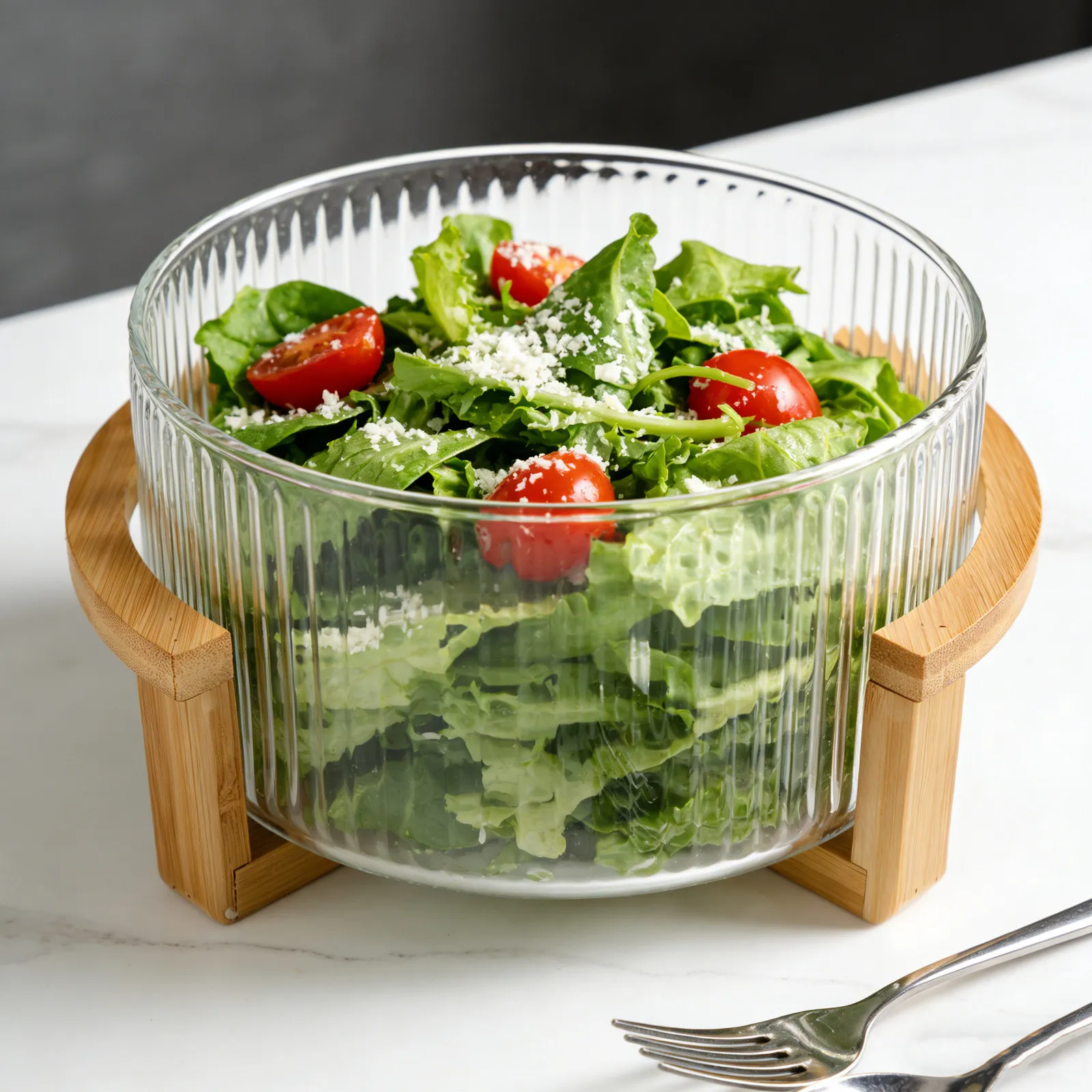 Glass Salad Bowl 1.8L Vertical Striped Clear Fruit Serving Bowl Large Capacity Decorative Centerpiece Dish for Dining Table