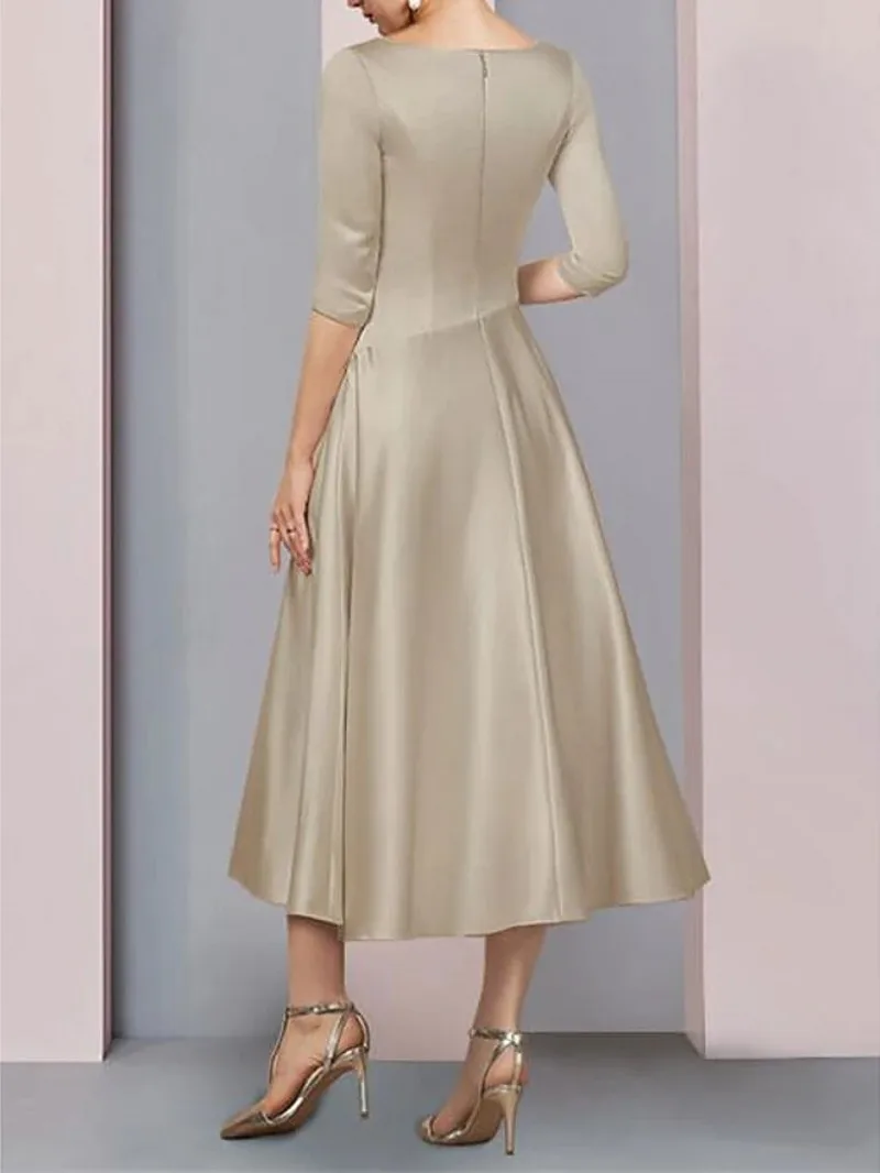 Vestido acampanado de satén para madre de la novia, elegante vestido Vintage con cuello en V, largo hasta el té, Simple, para fiesta de boda, 2023