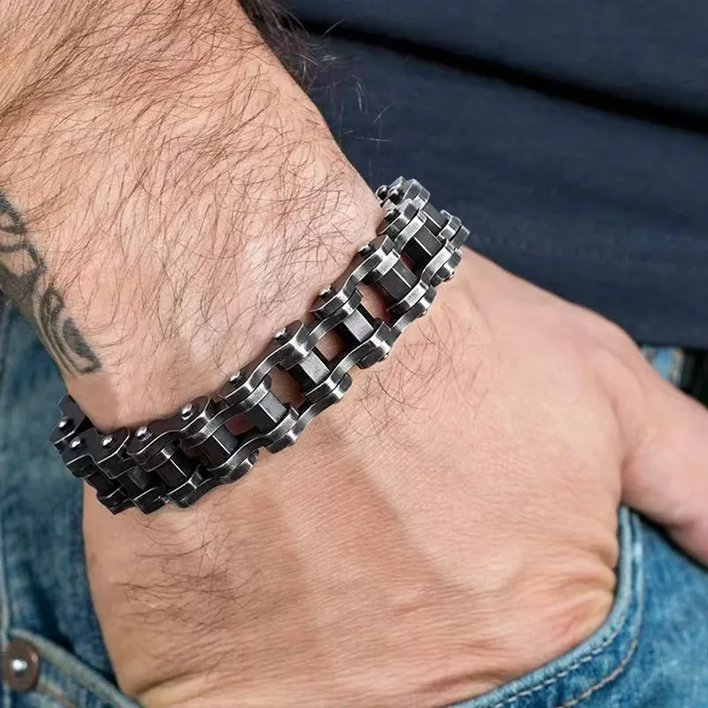 13MM Punk Rock Retro Black Motorcycle Bike Chain Bracelet Men Women Hiphop Rainbow Stainless Steel Bicycle Biker Bangle Jewelry