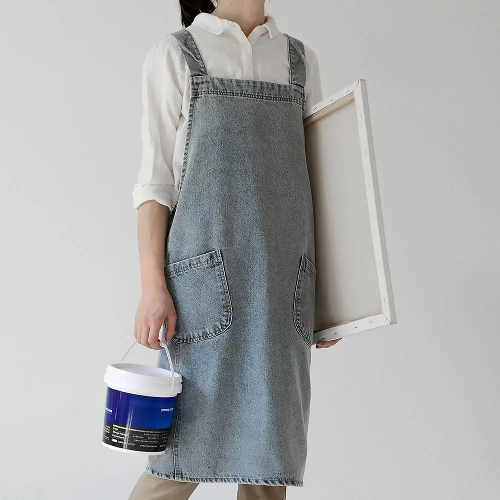 

Oil-Proof Ladies Denim Apron Unisex Elegant Kitchen Cooking Apron Cleaning with Pockets Barber Work Clothes Coffee House