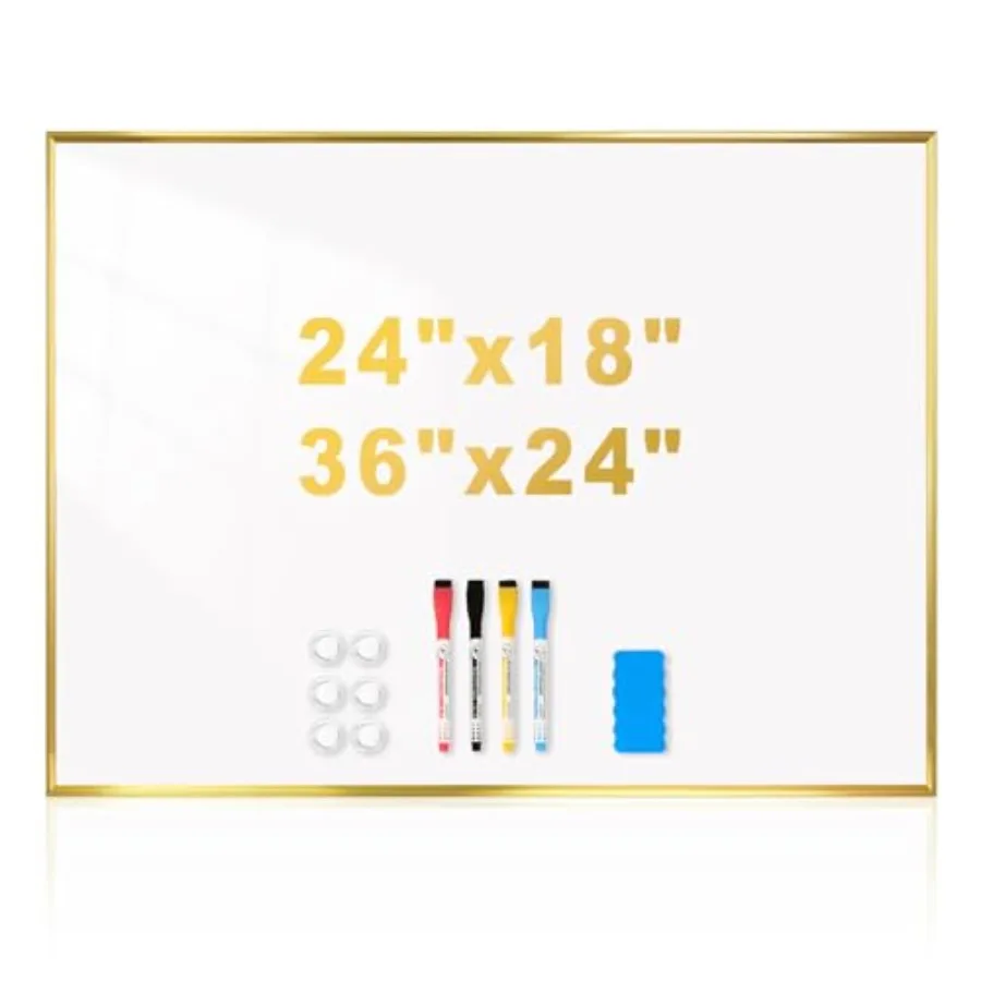 

Magnetic Whiteboard 36"x24" Gold Aluminum Frame Dry Erase White Board for Wall Large Wipe Board with 6 Magnets 4 Markers and 1