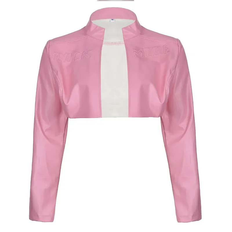 Giacche moda in pelle PU rosa con stampa di lettere cappotti streetwear a maniche lunghe per donna abiti casual basic autunno inverno