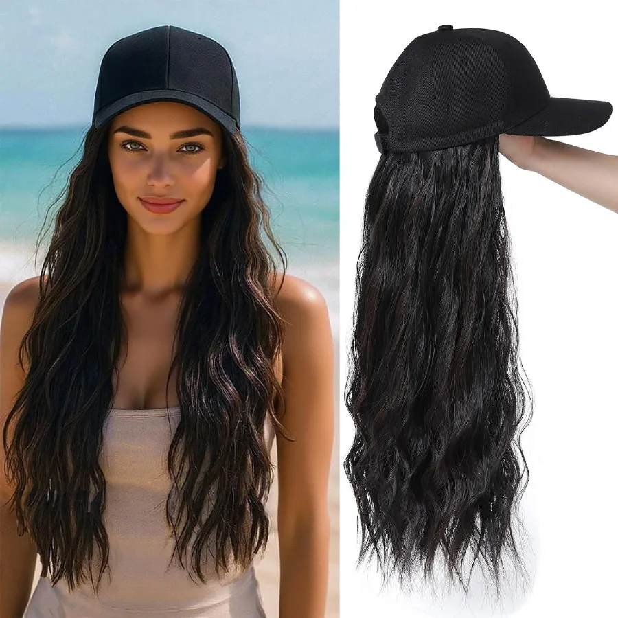 باروكة بيسبول طويلة مموجة قابلة للتعديل مع وصلات شعر من الألياف الاصطناعية المقاومة للحرارة للنساء والفتيات مثالية للاستخدام اليومي