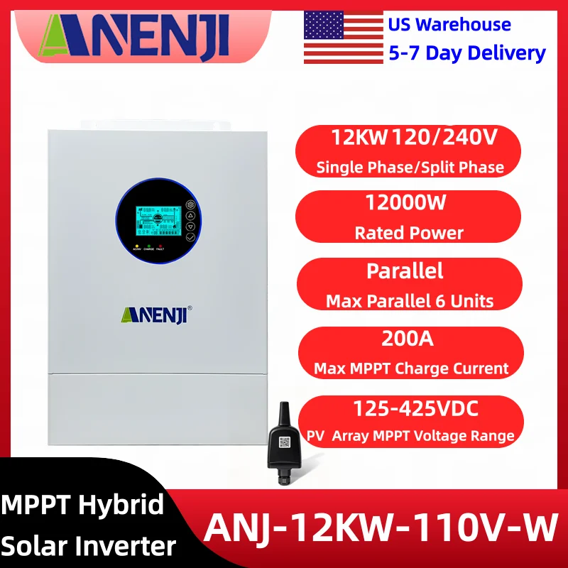 Anenji 12Kw Split Phase Hybrid Solar Inverter 120V/240V Pure Sine Wave Built-In 200A Mppt Solar Charge Controller Fit Home Energy Storage
