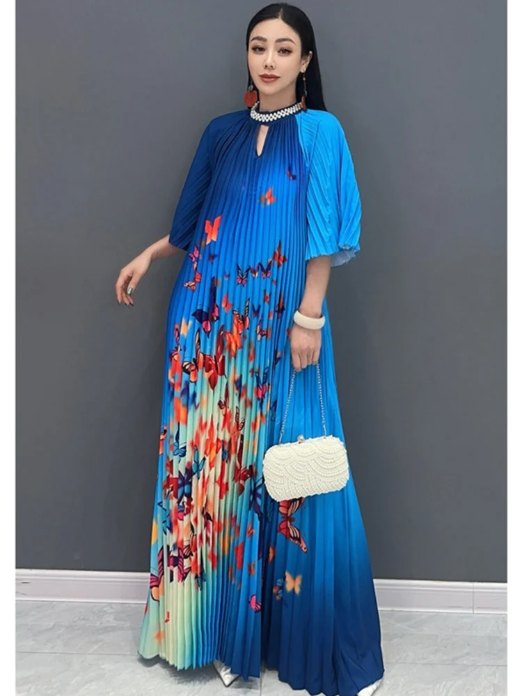 Vefadisa 2024 Summer New Blue Women Dress A-line Printed Dress With Large Hem Pleated Flare Sleeve Long Dress Elegant HLX416