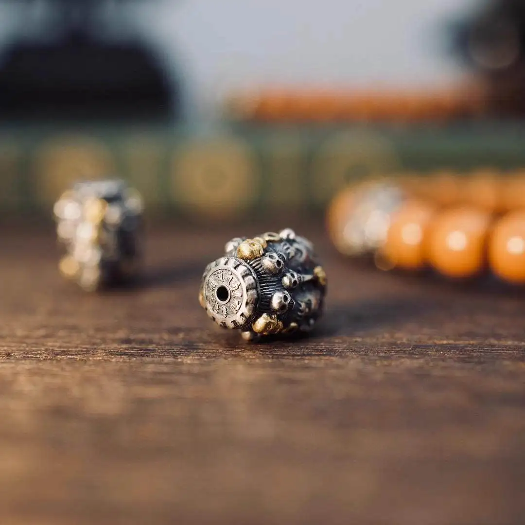 Sterling Silver Gold Plated Big Black Bead Chinese Style Design Size 12*15mm Handstring DIY with Luck Beads Buddhist Accessories