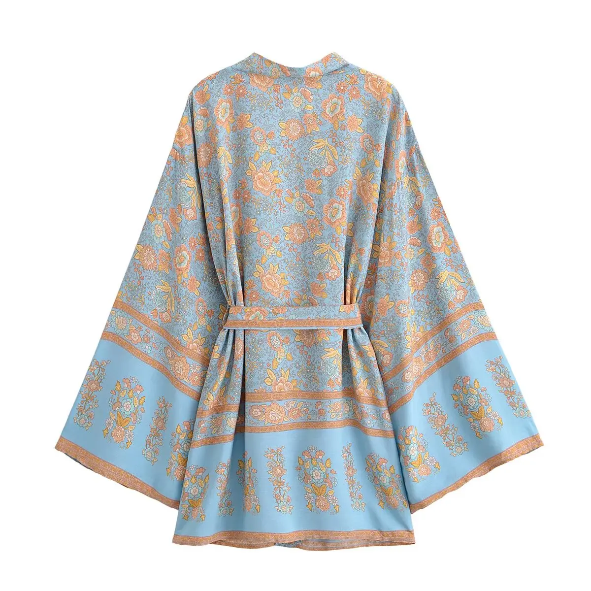 2025 BOHO Women Blue With Orange Flower Print Kimono Shirt Holiday Tide Bow Sashes Mid Long Cardigan Summer Blouse Beach Cape