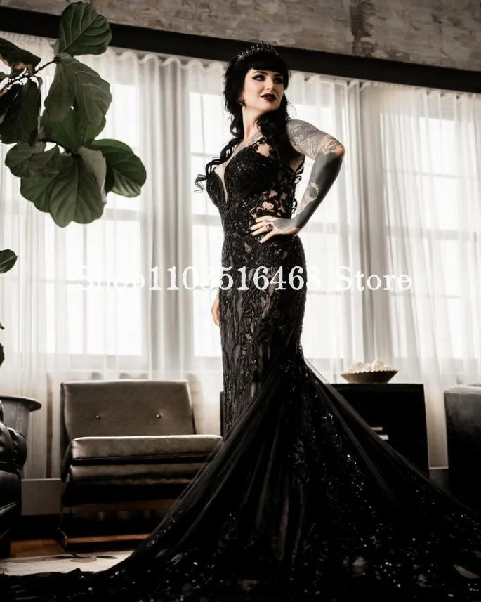 Vintage Gothic Victorian Wedding Dress Black Lace Applique Halter Mermaid Bodice vestidos de fiesta elegantes para mujer2024