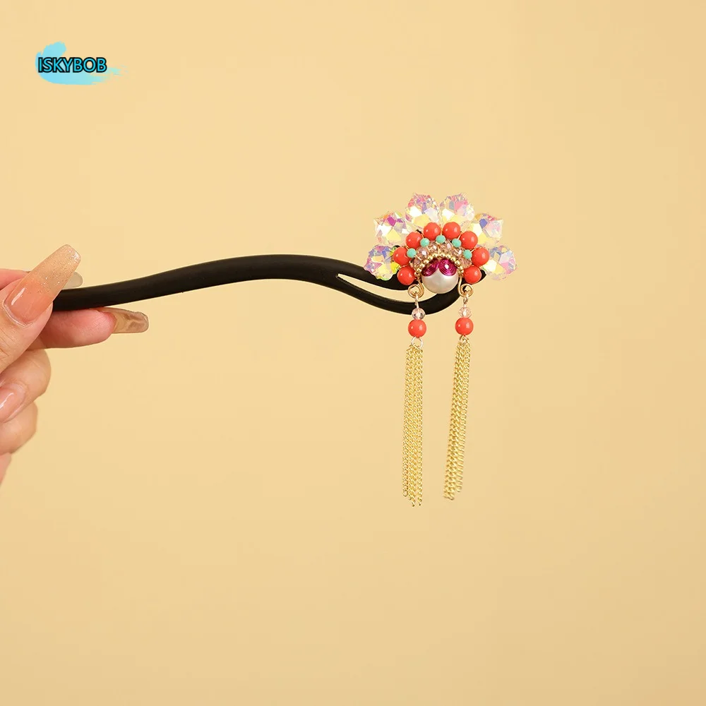 

Temperament Tassel New Chinese Style Hair Clip Red Pearl Hanfu Hairpin Retro Flower Wooden Hair Stick for Women