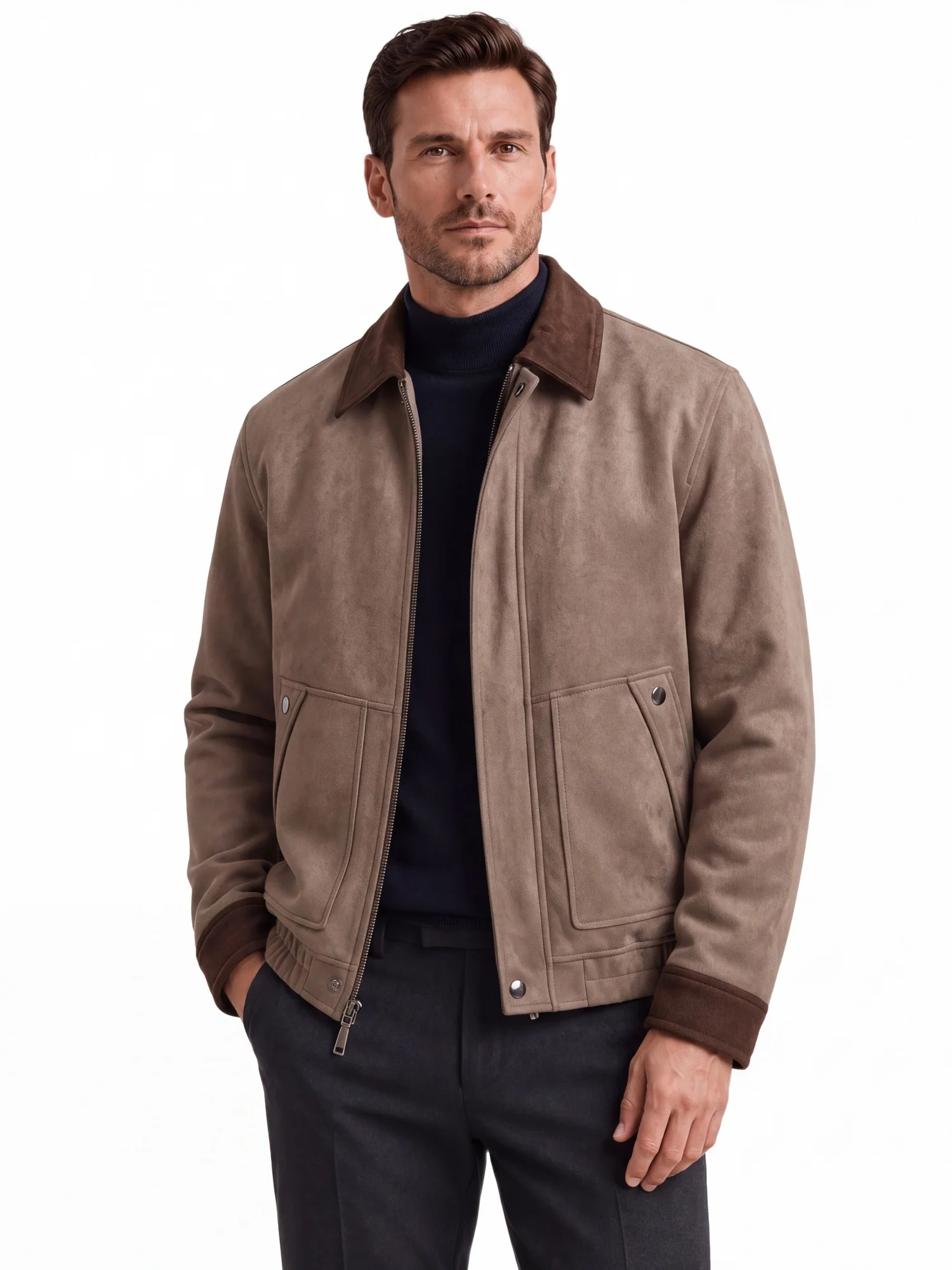 AIOPESON 2026 Men Vintage Business Jacket Faux Suede Zip Up Lapel Collar Pockets Ribbed Cuffs Color Block Slim Fit Spring Coat