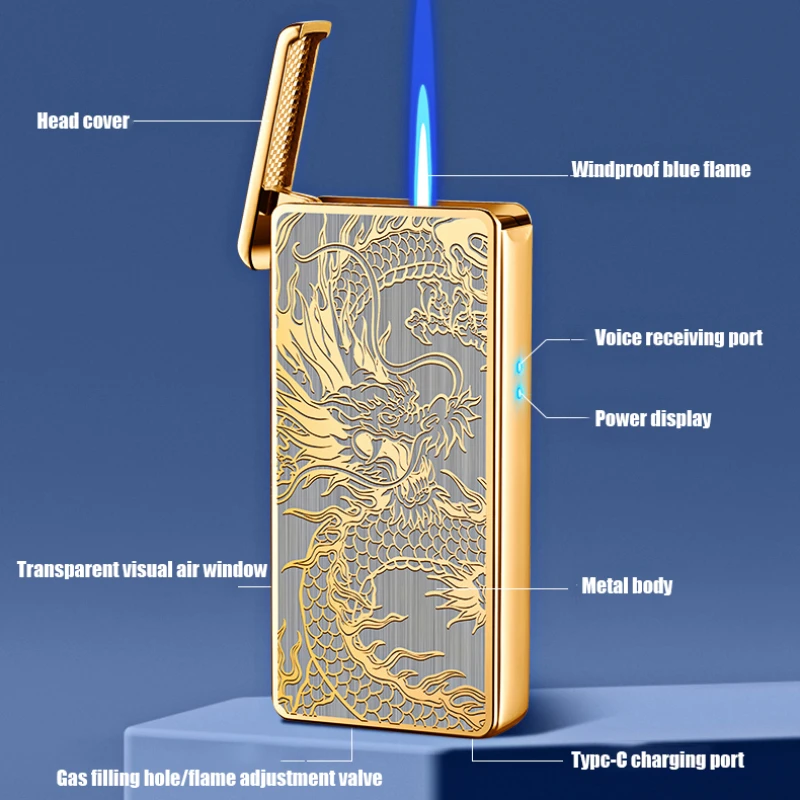 2024 Intelligent Voice-activated Windproof Flame Lighter Airflow Gravity Sensing Knock Ignition Visual Gas Window Men Gadget
