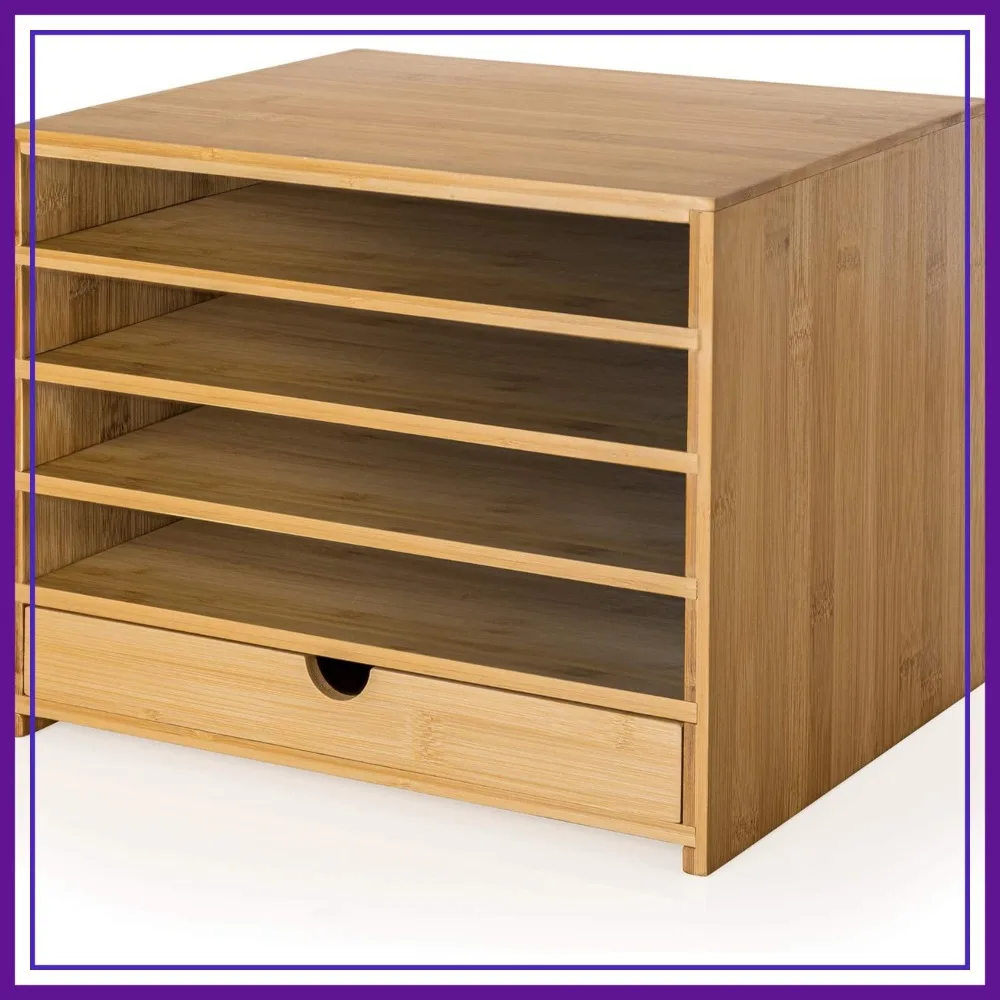 

Natural Bamboo 4-Tier Paper Letter Tray Organizer with Pull-Out Drawer for Home Office Desk