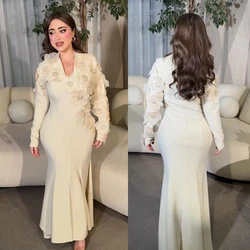 Prom Dress Saudi Arabia Satin Applique Draped Homecoming Sheath V-Neck Bespoke Occasion Gown Long Sleeve Dresses