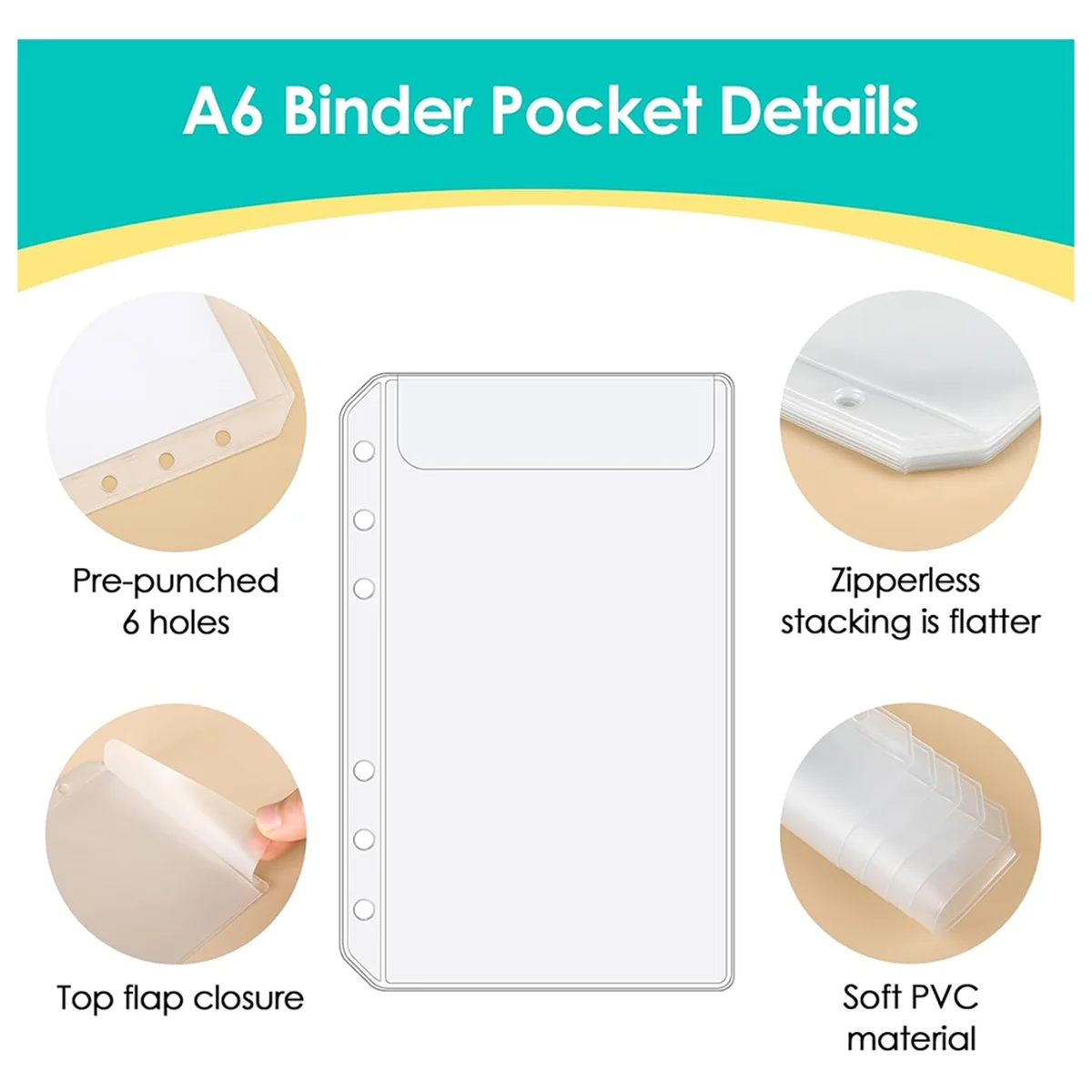 Bolsos Binder para Binder, Sem Envelopes Zipper para Orçamento, Bolsas Binder Zipperless de 6 furos, A6 6-Ring Binder, 12pcs