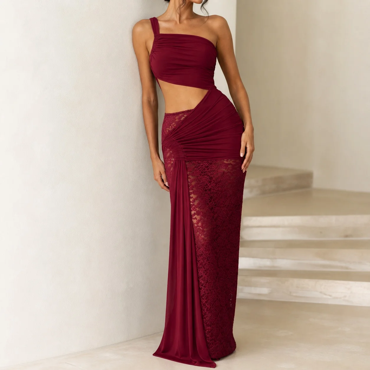 Elegant Summer Wedding Guest Dress: Sleeveless Slant Neck High Waist Lace Hollow Out Pencil Evening Party Dress for Prom