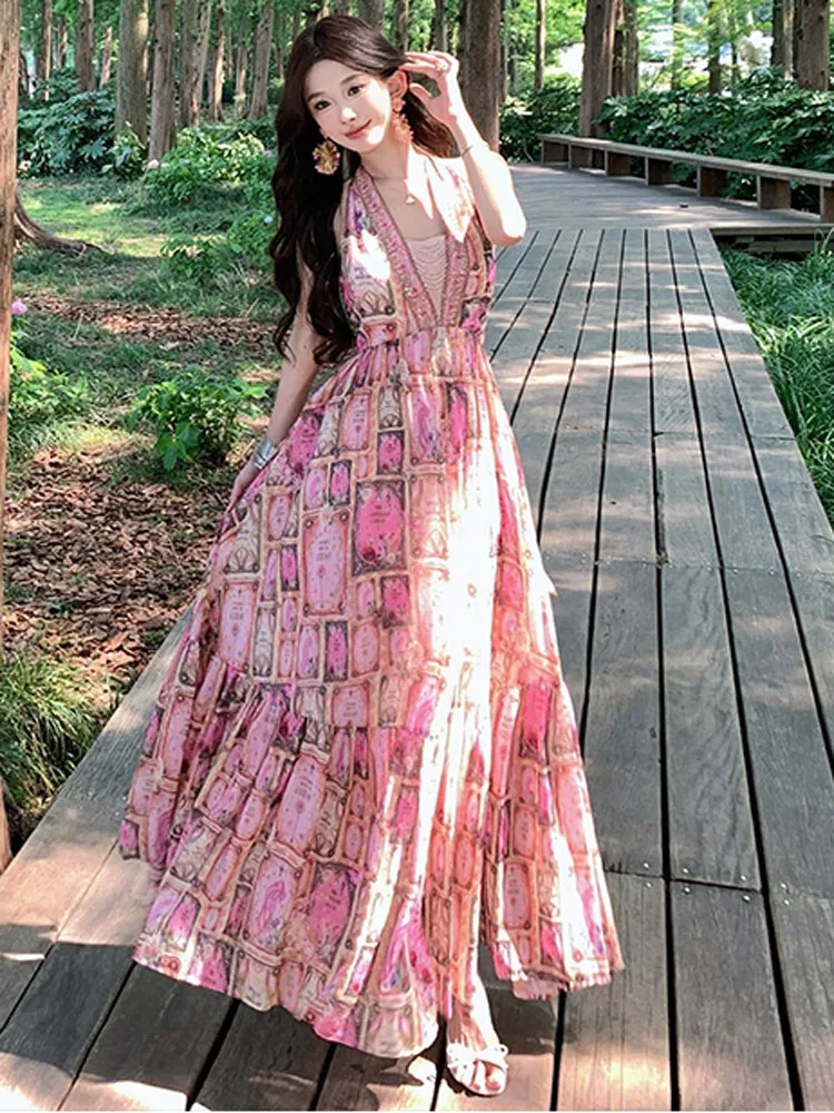 

Women Sexy Backless Long Dress 2025 Summer Fashion Flower Print Bohemian Party Dress Elegant V-Neck Holiday Beach Dress Robe