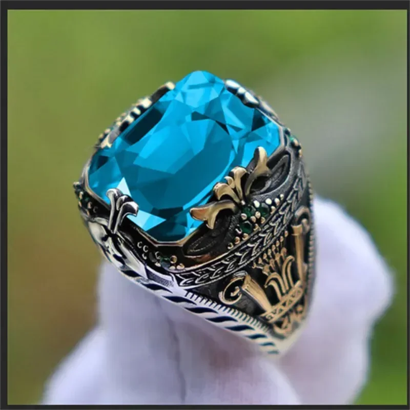 Retro handgemachter türkischer Siegelring für Männer Vintage Silber Farbe Schnitzmuster Inlay grüner Zirkon Party Punk Motor Biker Ring