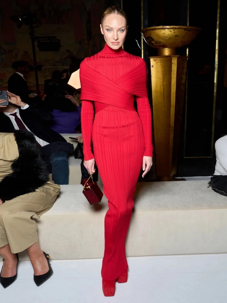 

New Sexy Turtleneck Long Sleeve Cross Design Bandage Dress Women Red Jacquard Folds Bodycon Long Dresses Evening Party Gowns